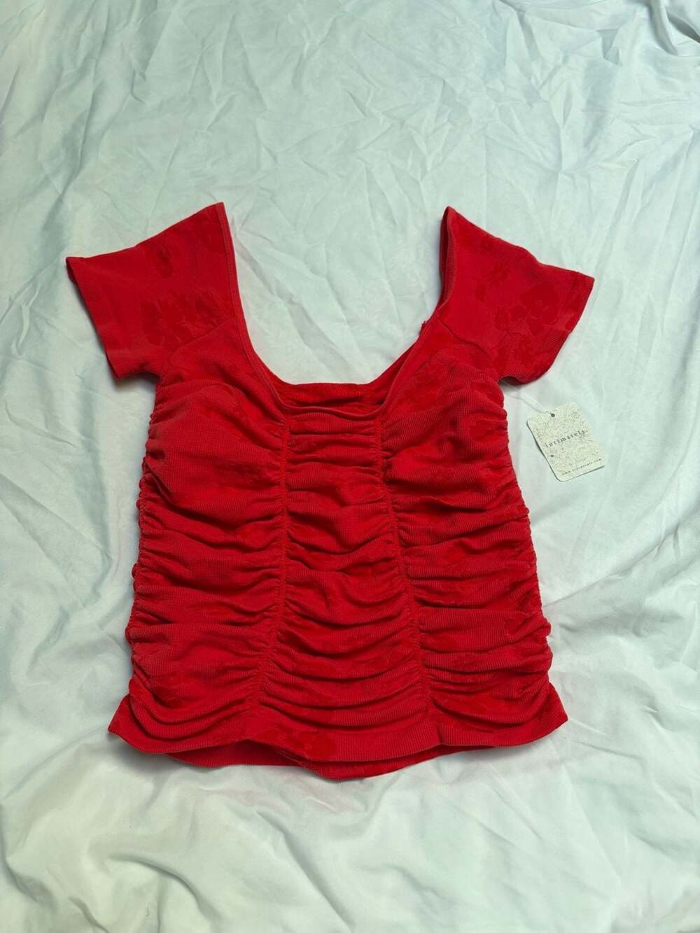 Intimately Free People Red Ruched Short Sleeve Textured Top
